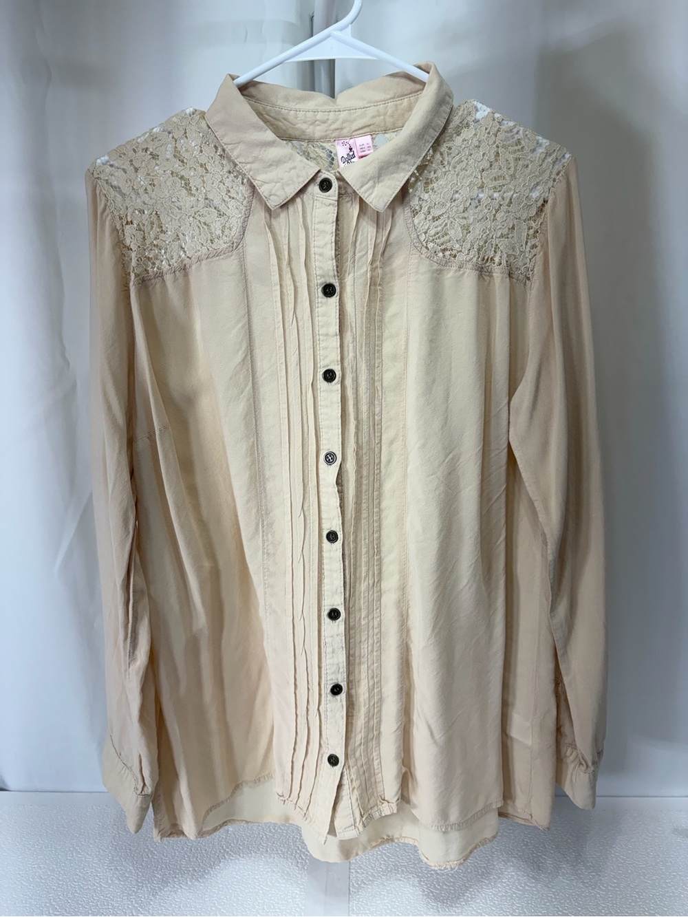 Dolled Up Beige Lace Shoulder Button-Down Shirt 3068